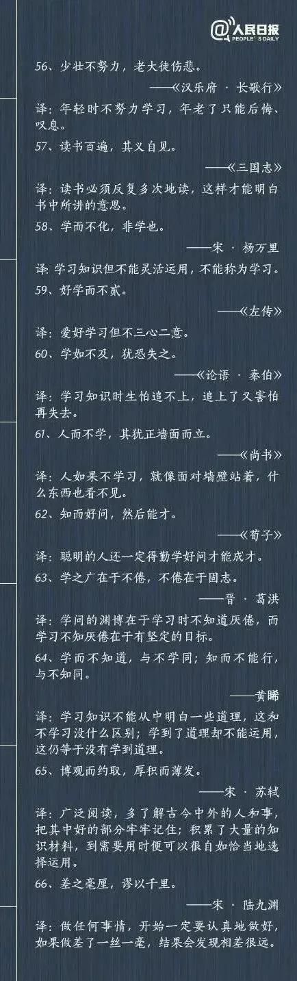 人民日报公布了中国古代励志名言100句及释义