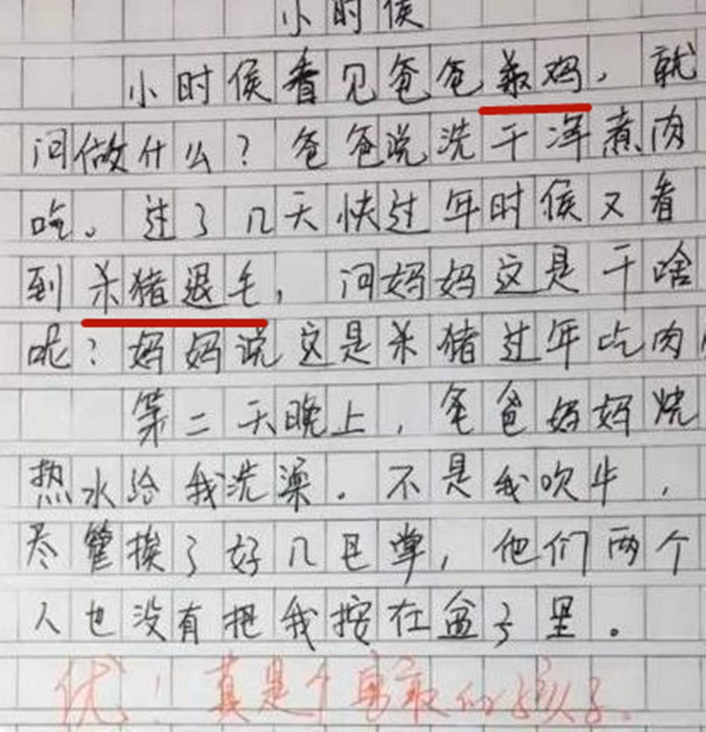 小学生作文《小时候》火了，看完爸爸杀鸡，娃挨了几巴掌也不洗澡