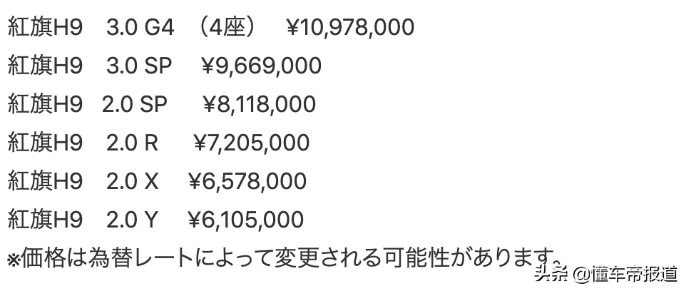 新车 </p><p>　　 顶配售价超1000万日元！红旗H9日本市场售价曝光