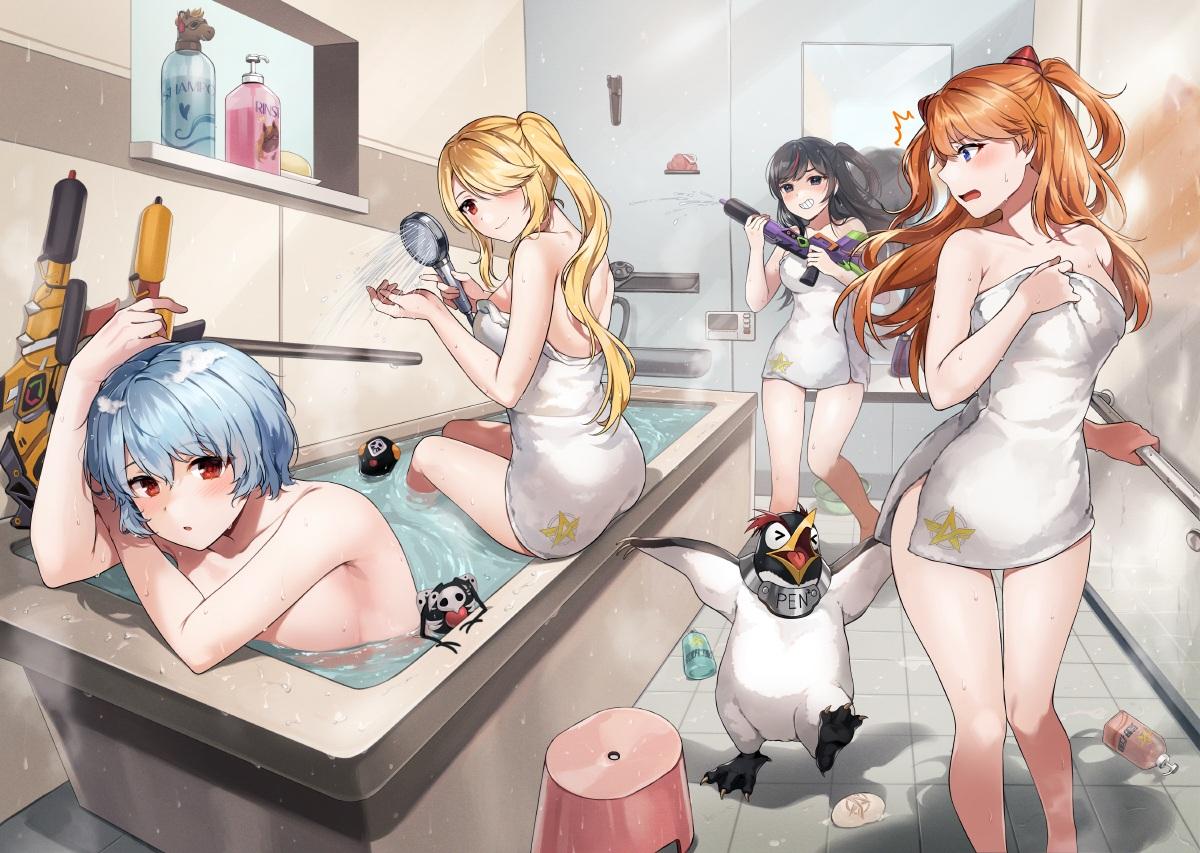 Konachan.com - 328650 aliasing animal bath bathtub blue_eyes blush crossover gijang group gun mirror nude penguin ponytail red_eyes towel twintails water weapon wet.jpg