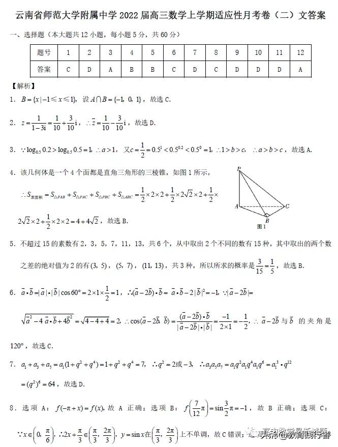 2022届云师大附中学高三上学期高考适应性月考卷（二）文理数试题