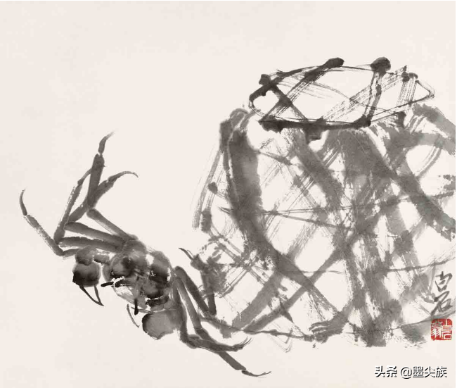 这幅画,蟹篓的墨色变化极其丰富,打开的蟹篓,出篓的螃蟹,一幅率真质朴