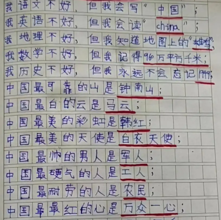 小学生作文《祖国》走红，短短3行25个字，令不少网友感动