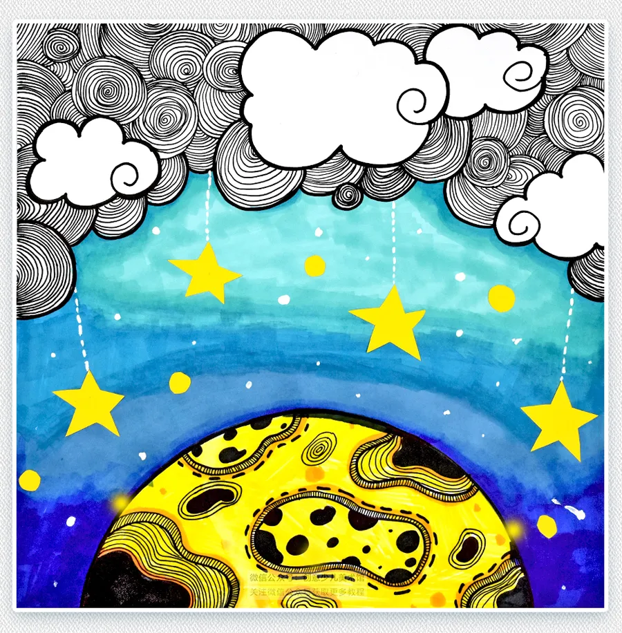 儿童画教程|感受线条与色彩的魅力《挂满繁星的夏夜》
