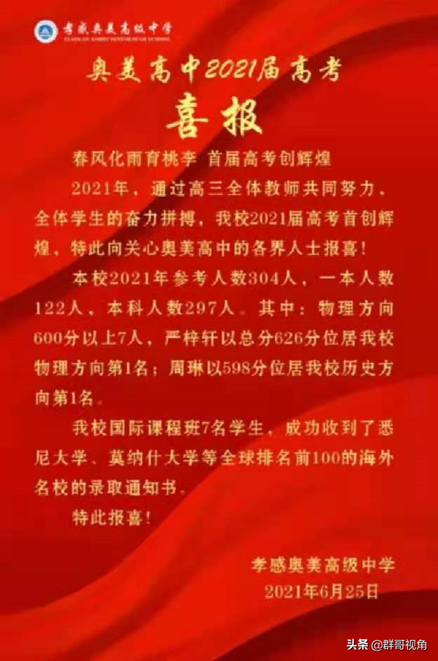 孝感14所高中2021年高考喜报