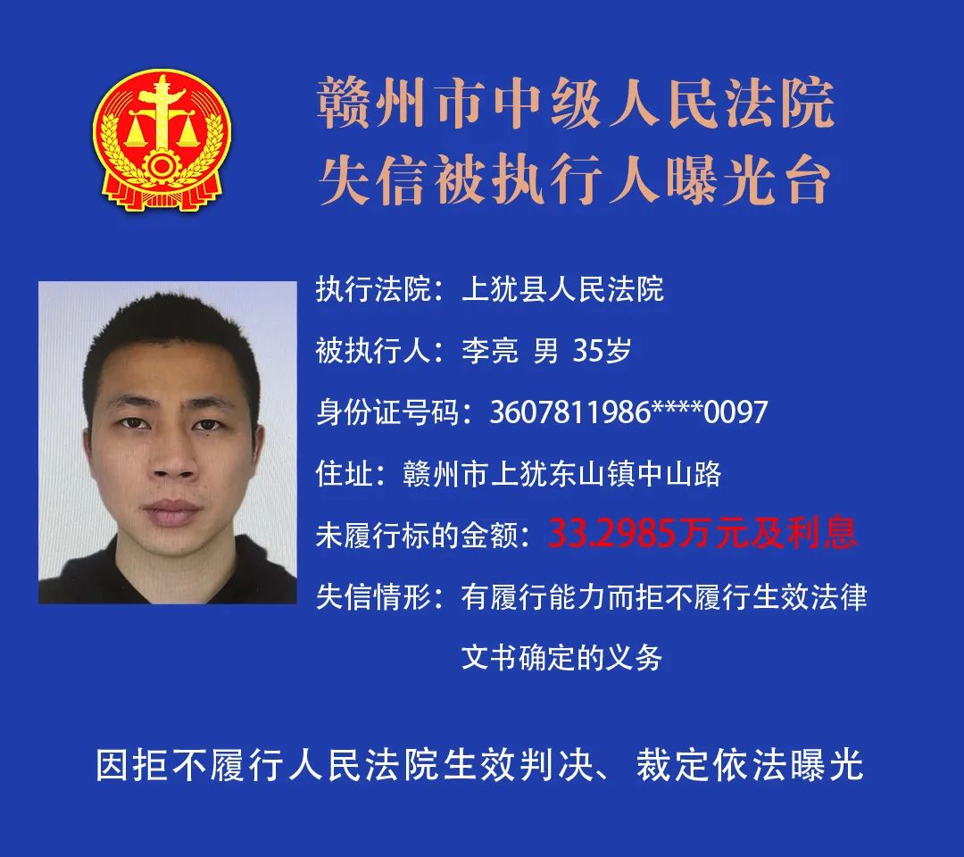 赣州市中级人民法院曝光2021年最新失信被执行人名单