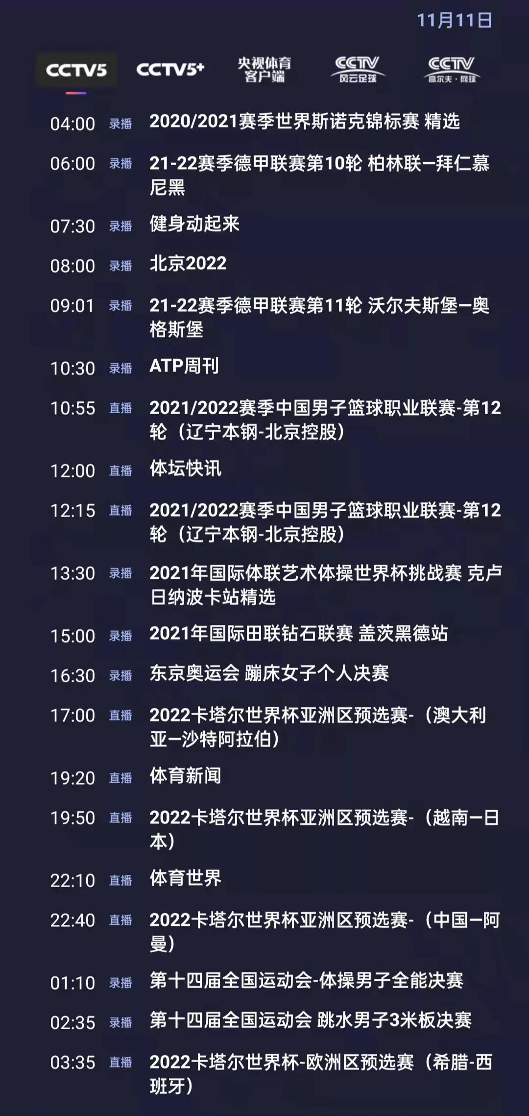 央视体育今日节目单：世预赛亚洲区12强赛(中国-阿曼)，央5直播