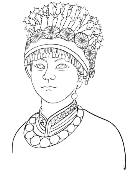 1,画出苗族女孩的头饰,脸部和颈部.