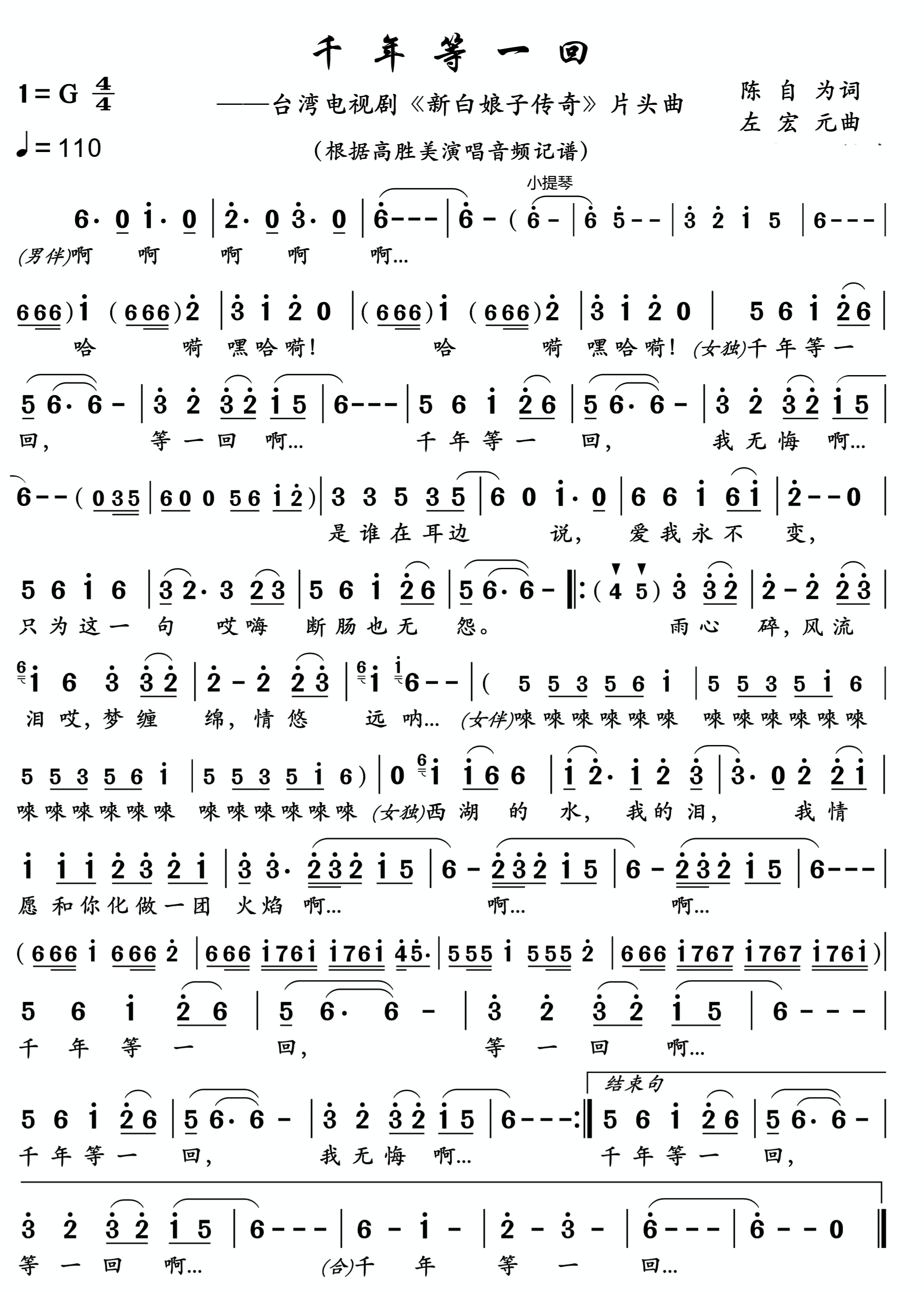 华语乐坛音乐大师,台湾著名音乐制作人左宏元作曲简谱精选大全