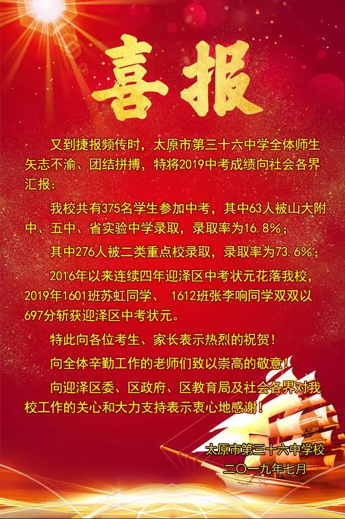 「2019太原中考喜报」太原各学校中考喜报汇总