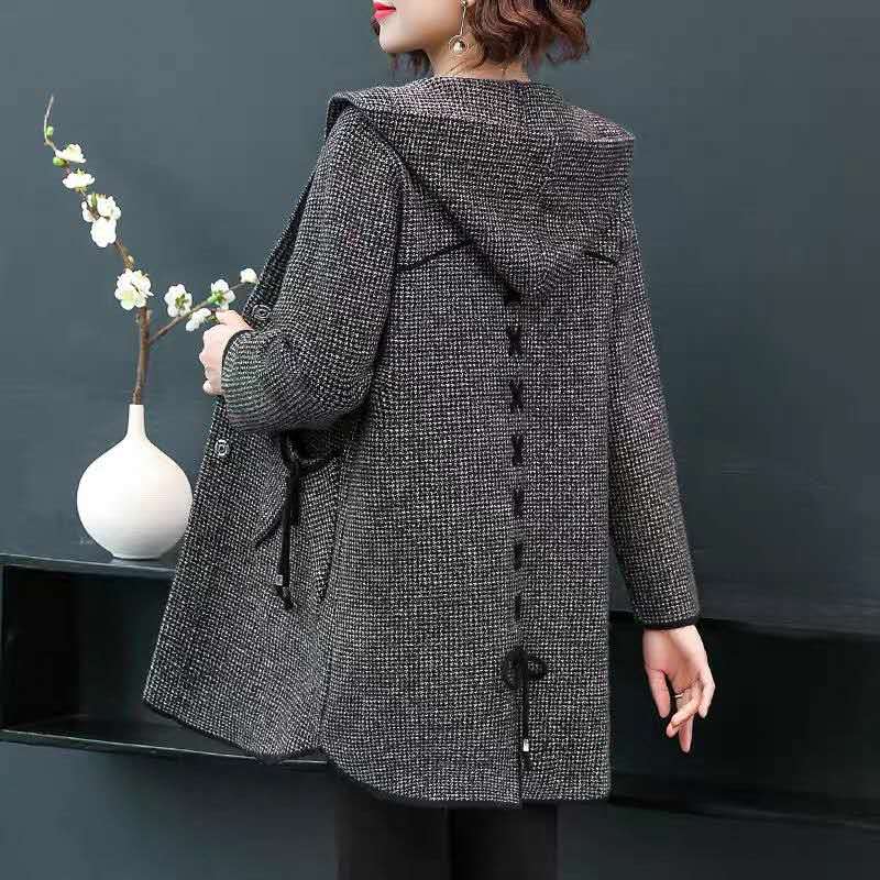 2020羊毛针织韩版大衣，系带洋气外套千鸟格，大码中老年大衣