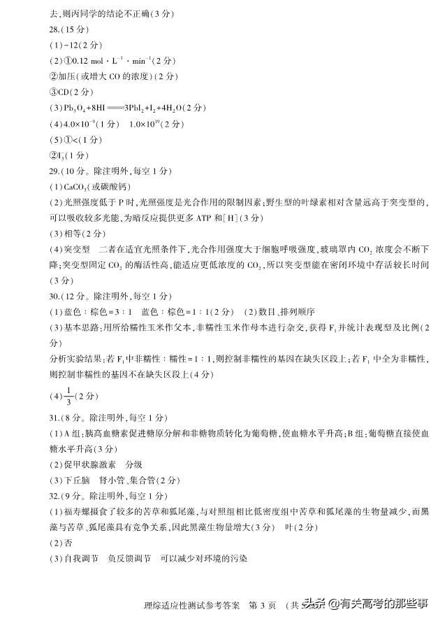 2019年河南省普通高中毕业班高考适应性测试（理综）