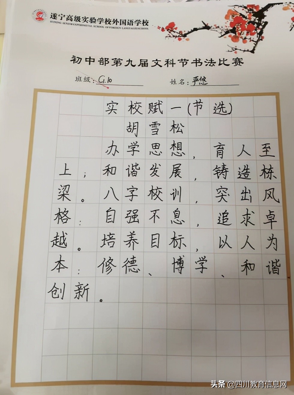 遂宁高级实验学校初中部第九届文科节硬笔书法大赛