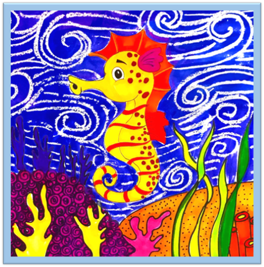少儿美术《海底世界里的海马》,油画棒与水粉结合,构建海底之美