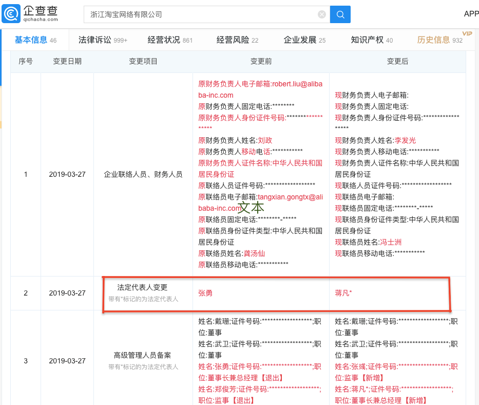 淘宝法定代表人更为淘宝总裁蒋凡，张勇退出，阿里回应：正常动作