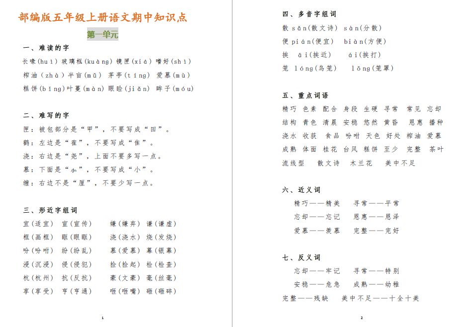 2019最新部编版五年级上册语文期中知识点，辅导孩子复习好资料