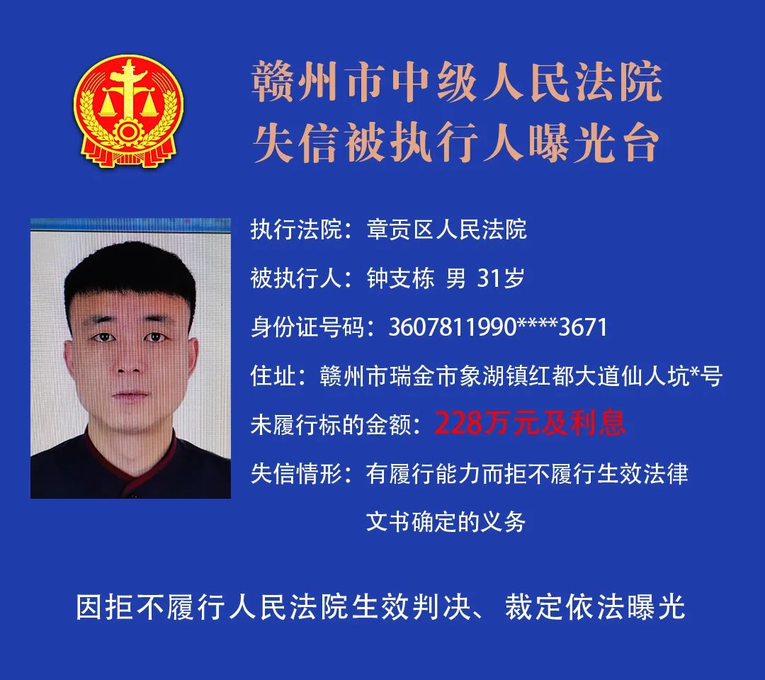 赣州市中级人民法院曝光2021年最新失信被执行人名单