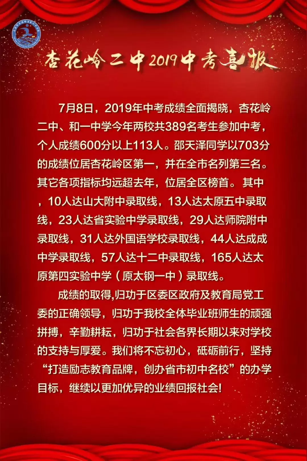「2019太原中考喜报」太原各学校中考喜报汇总