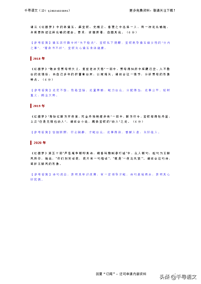 《红楼梦》历年高考真题节选（2008—2020年），你能拿满分吗？