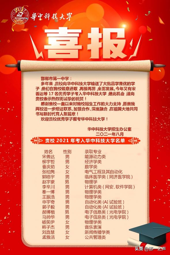 「邯郸市一中」多所著名高校向学校发来2021届高三录取喜报