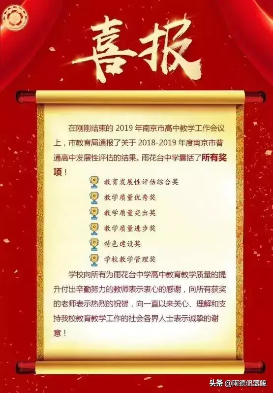 南京这十四所高中获2019高考突出贡献奖