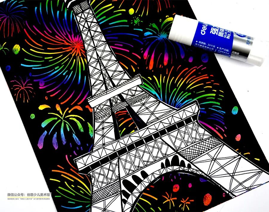 儿童画教程｜综合创意画--线条练习之夜空下的埃菲尔铁塔