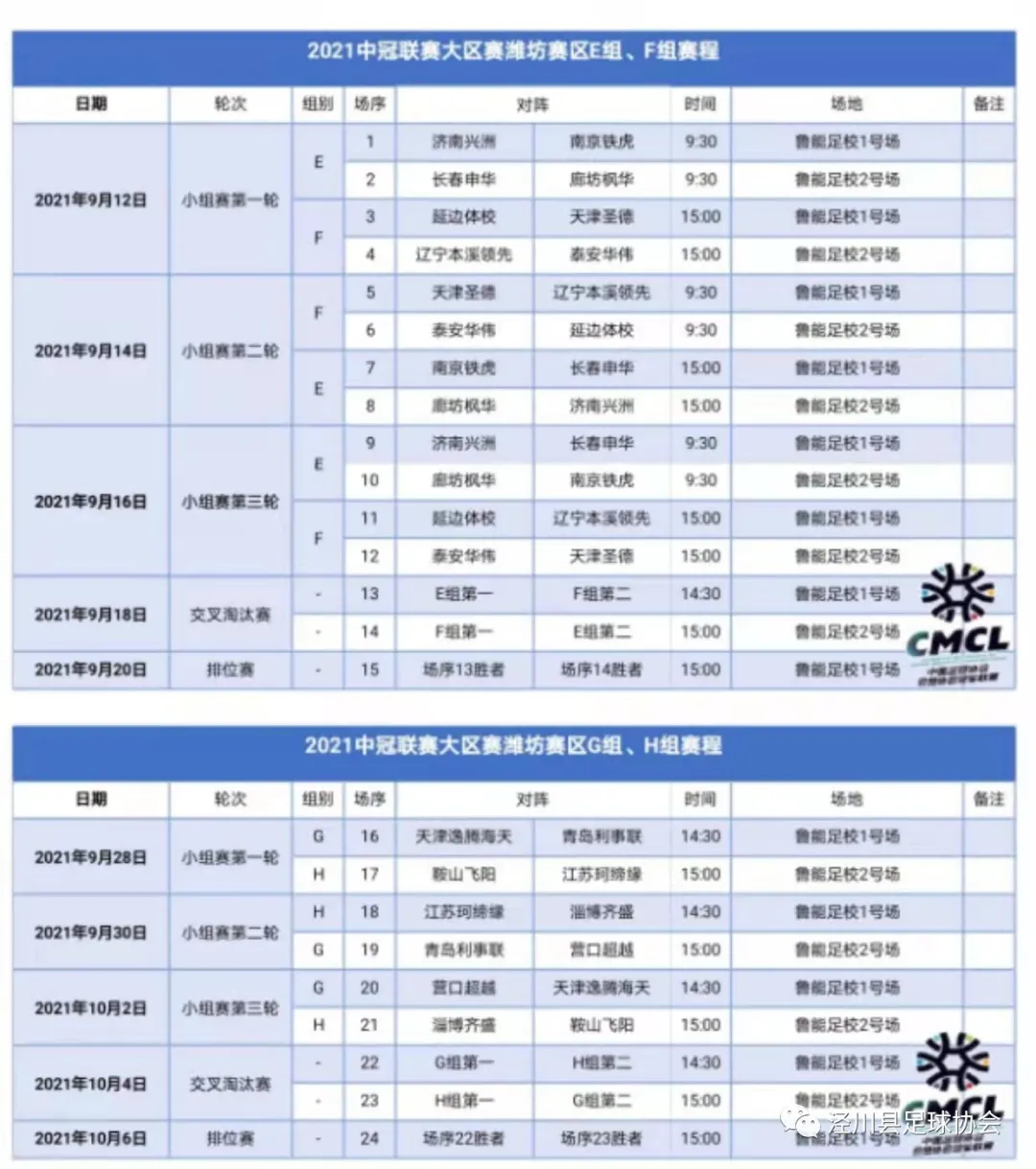 2021中国足球协会会员协会冠军联赛赛程表