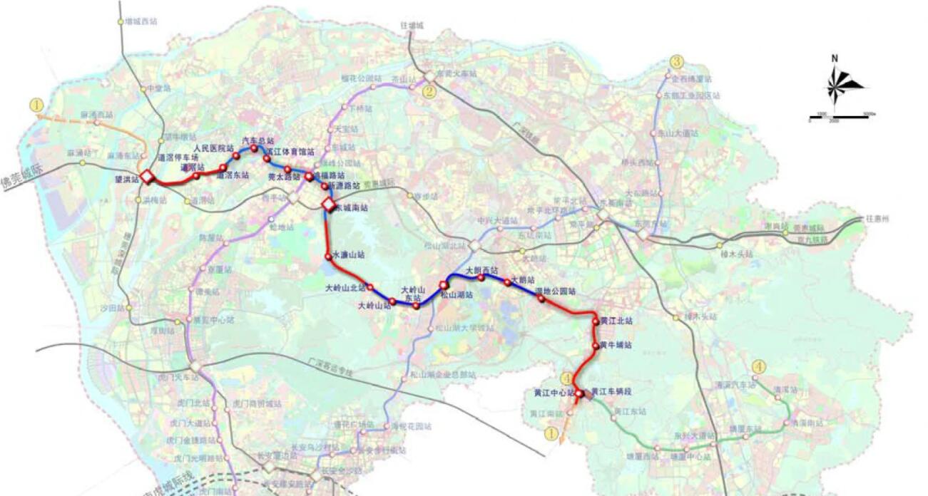 东莞建一条地铁，长57.44千米，设21站，完善地铁网