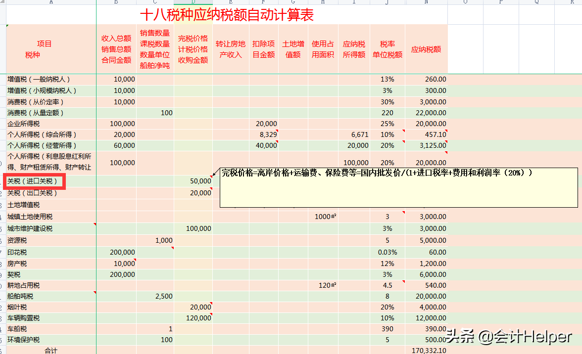 2021最新18个税种计算器：公式已设置好，自动计算，拿去用