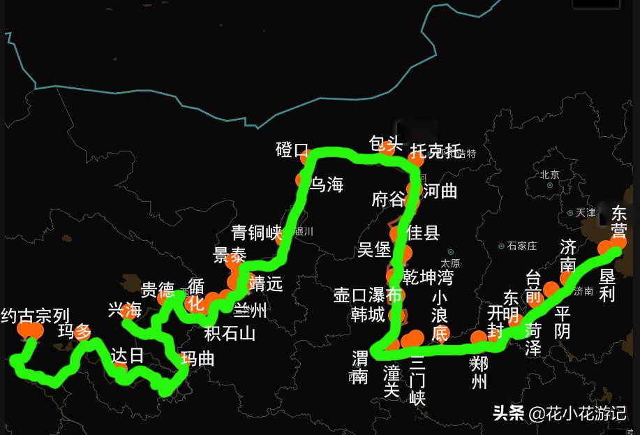 一张导航图自驾游黄河，全程6100多公里，从入海口到约古宗列