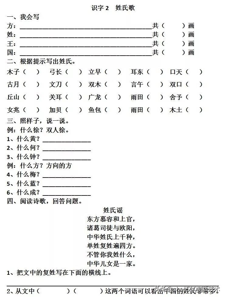 【预习】部编版一年级语文下册识字2《姓氏歌》知识点+图文讲解