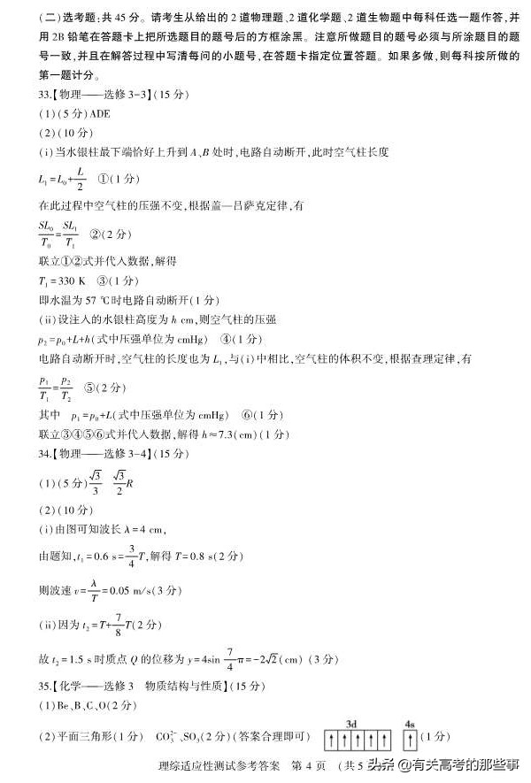 2019年河南省普通高中毕业班高考适应性测试（理综）