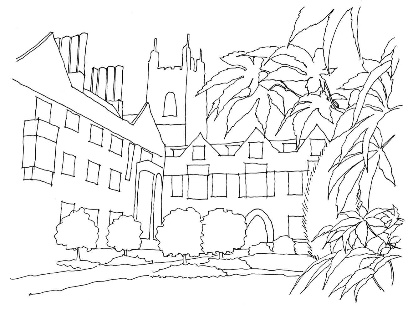 不会画校园风景速写?教你分步骤画多伦多校园建筑,画的太美了