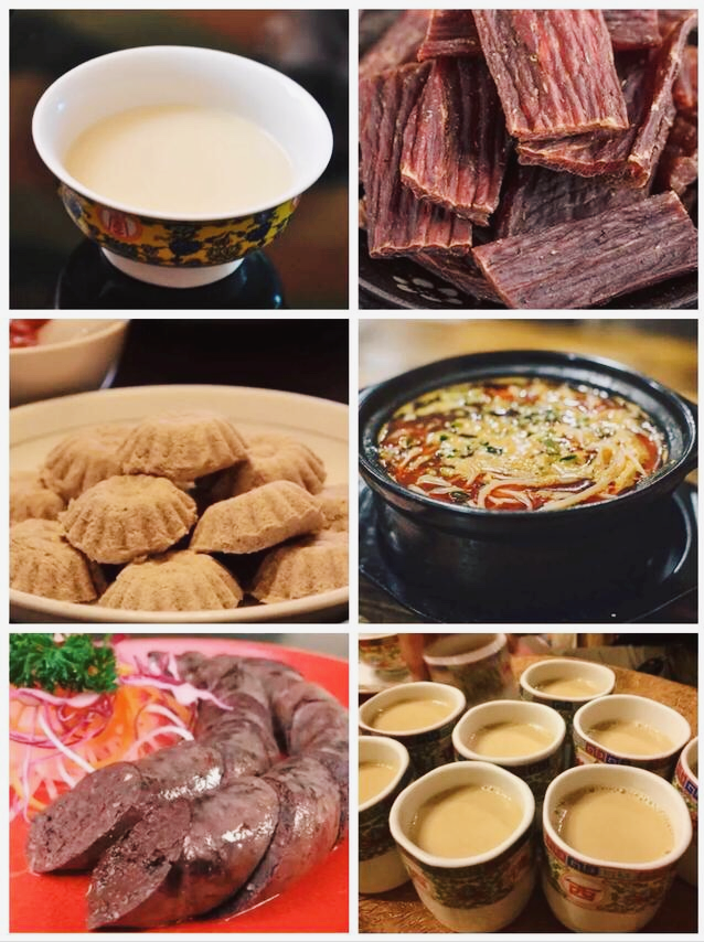 1,酥油茶,2,犛牛肉,3,糌粑,4,青稞酒,5,藏面,6,風乾肉,7,藏香豬,8