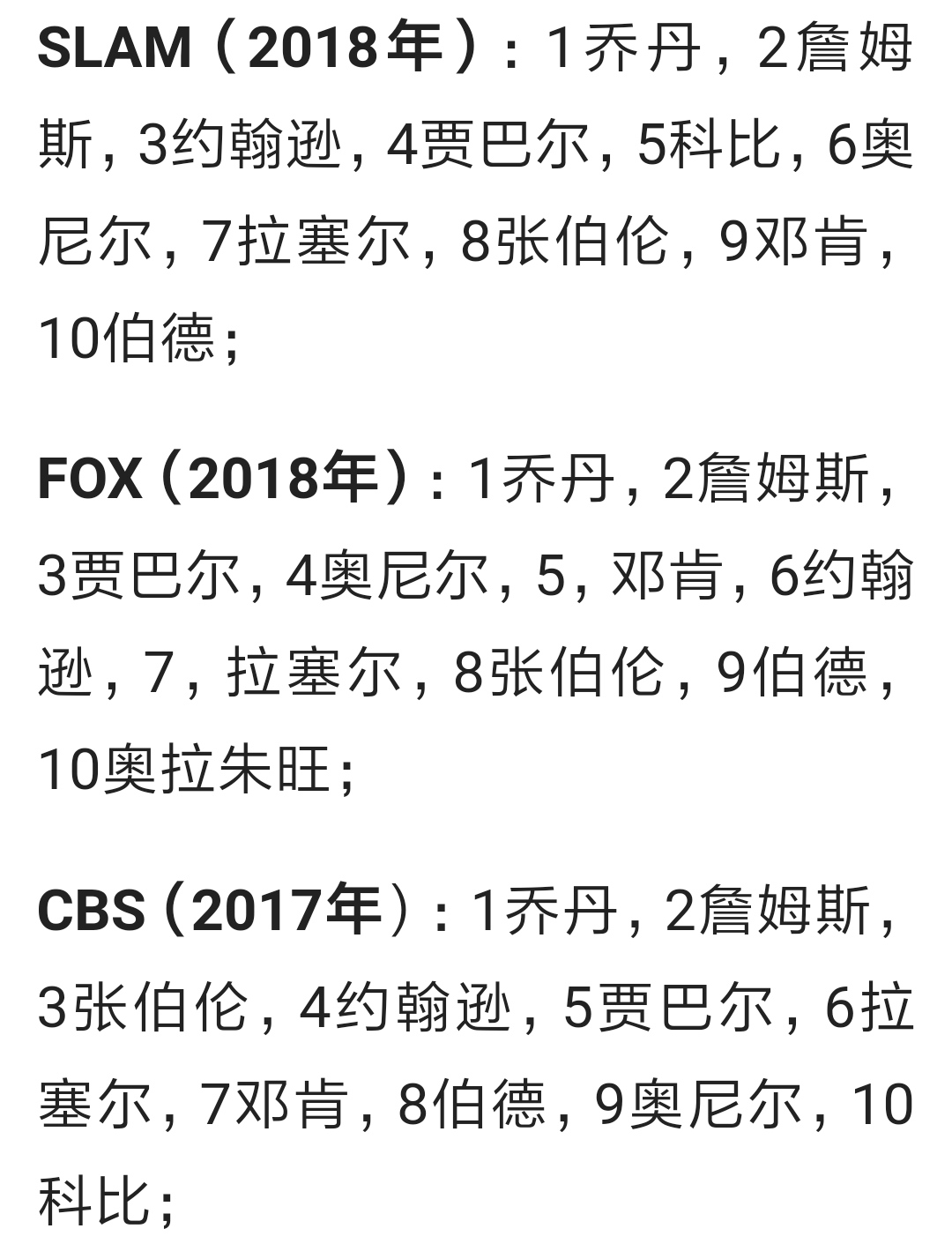 nba排名有哪些媒体(各排各8个权威媒体NBA历史前十排名)