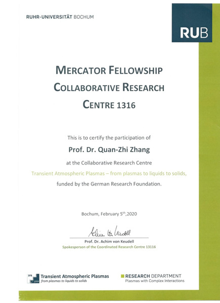 大工物理学院张权治获德国波鸿鲁尔大学授“墨卡托学者”荣誉称号