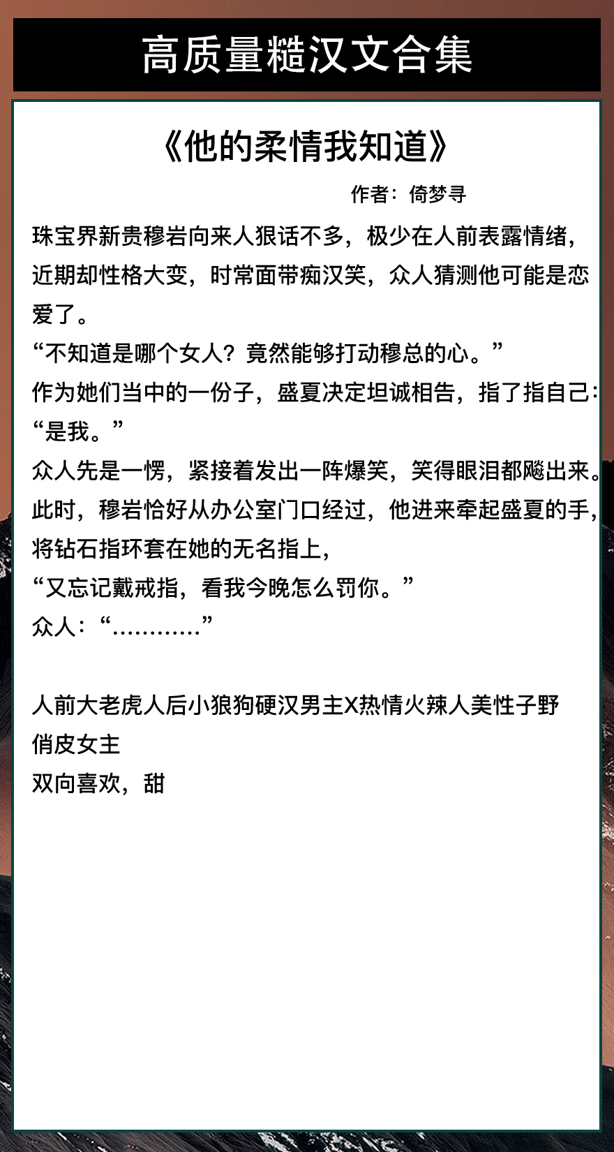 五本高质量糙汉文！温柔小豹子X糙汉子《他的柔情我知道》