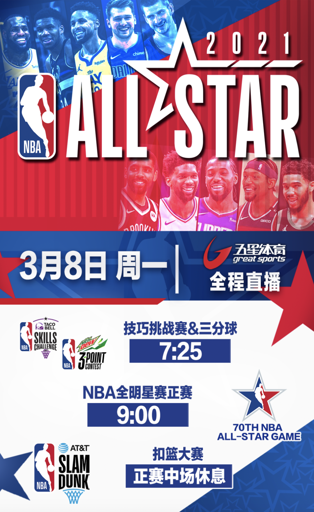 3月8日(明天)早晨,五星体育将带来2021年nba全明星赛正赛和