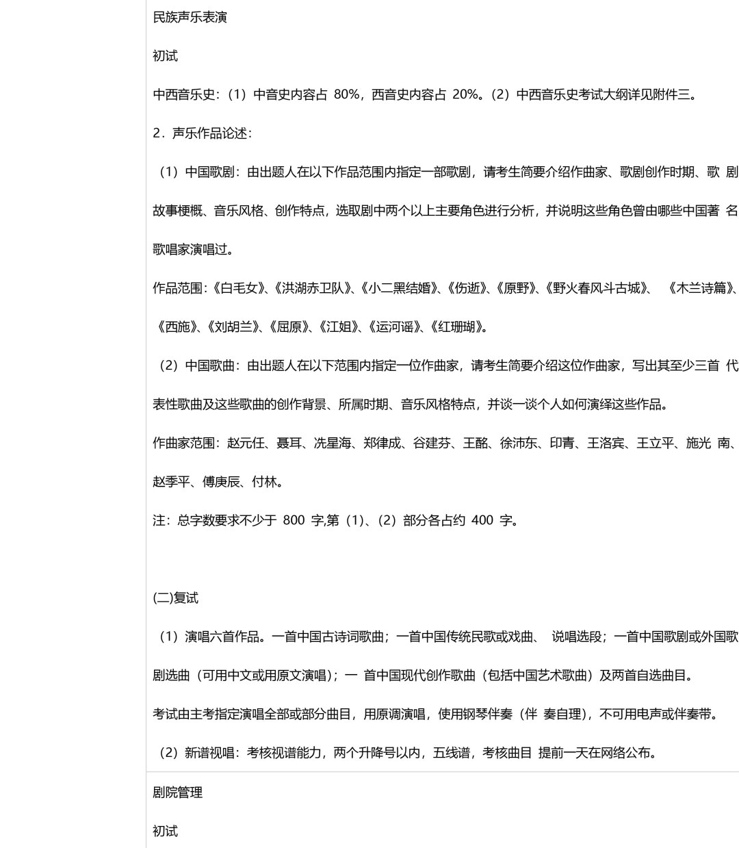 2019年中央音乐学院考研音乐专业目录