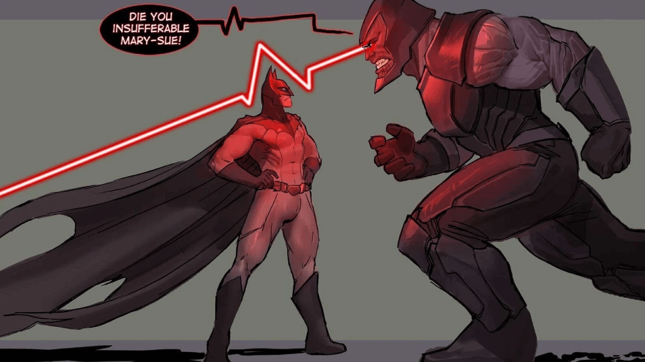 "全副武装并佩戴氪石长矛应战,结果"超人"反而夺取长矛刺穿布鲁斯