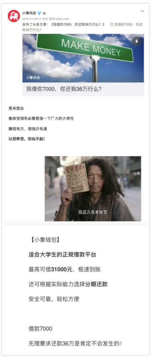 小象优品疑变相收取“砍头息”、涉校园贷、利率远超监管红线，为何还被新浪微博猛推？