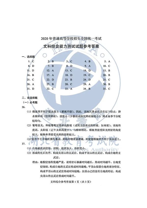 2020高考全国Ⅰ、Ⅱ卷答案汇总