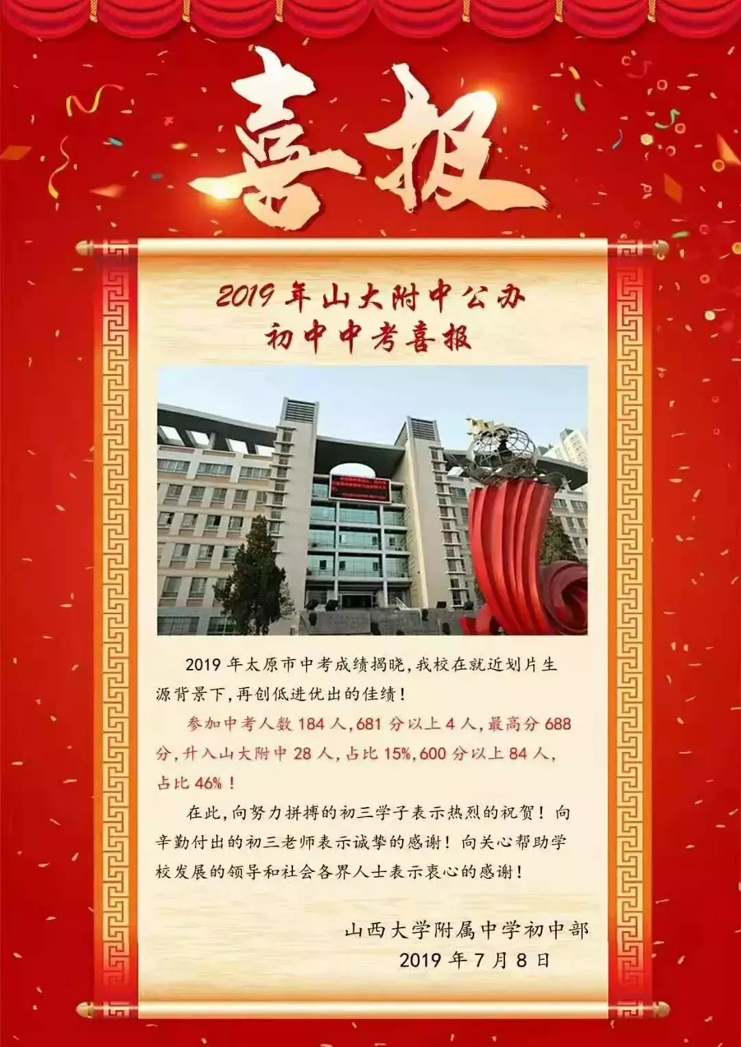「2019太原中考喜报」太原各学校中考喜报汇总