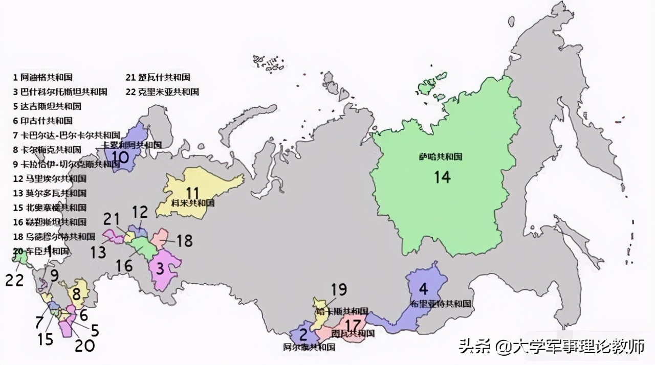俄罗斯境内的22个自治共和国,现在还得再加个克里米亚地区所以,面对