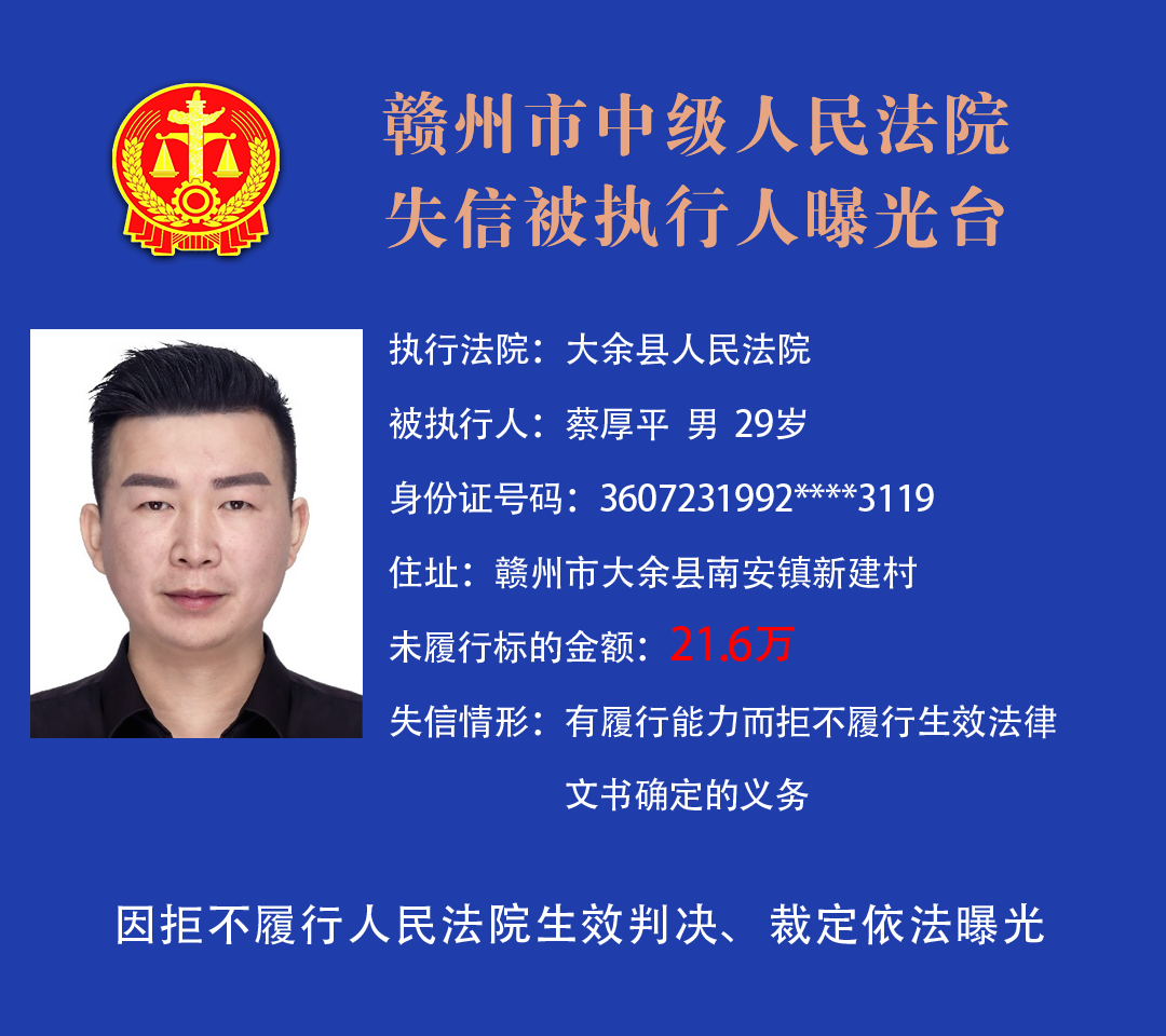 赣州市中级人民法院曝光2021年最新失信被执行人名单