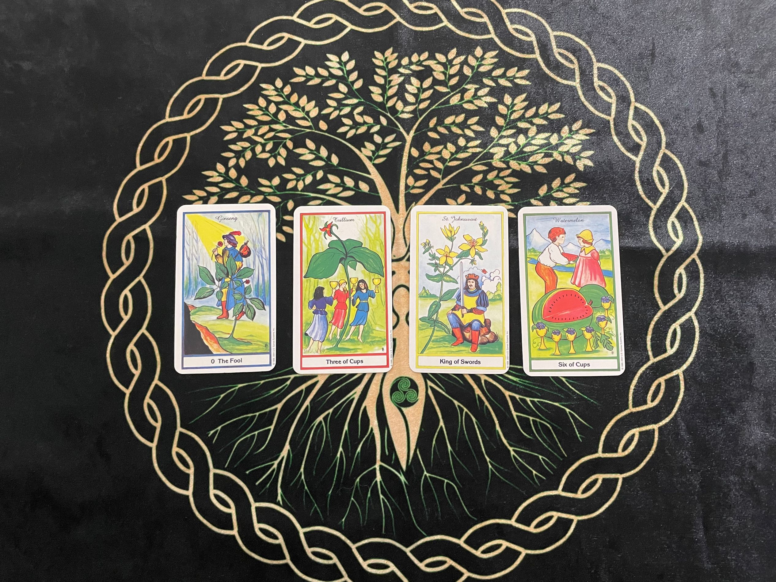 第二组牌:愚人牌 圣杯三 宝剑国王 圣杯六第一组牌:命运之轮 权杖骑士