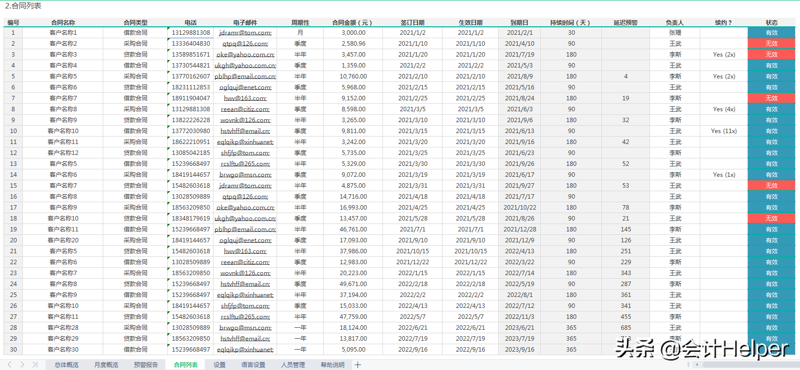 12套最新版全自动Excel合同管理系统,录入数据自动报表，套用即可