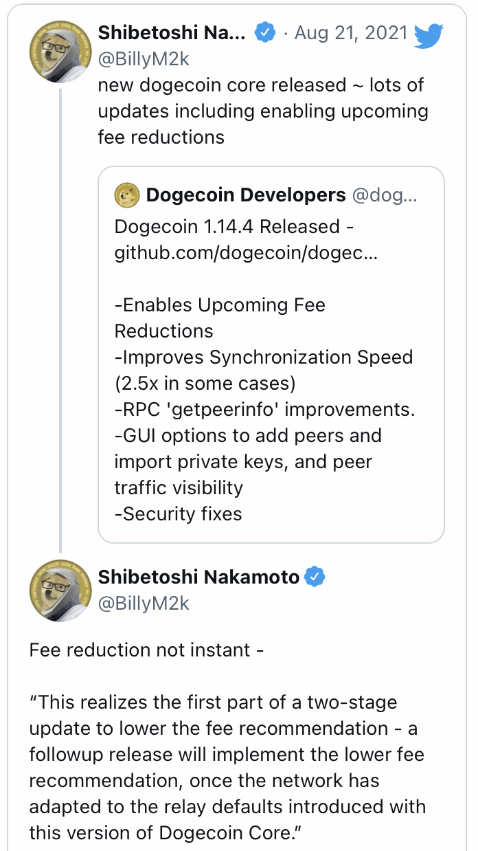 狗狗币核心开发人员发布更新以准备降低交易费用