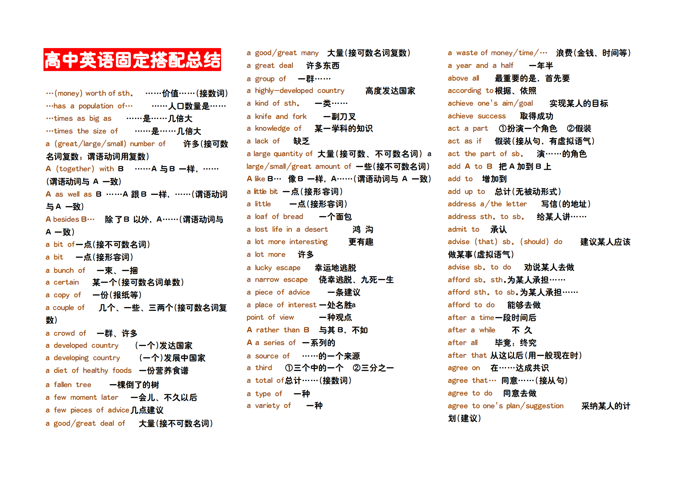 高中英语：词组、固定搭配大总结！注重积累，习惯成自然