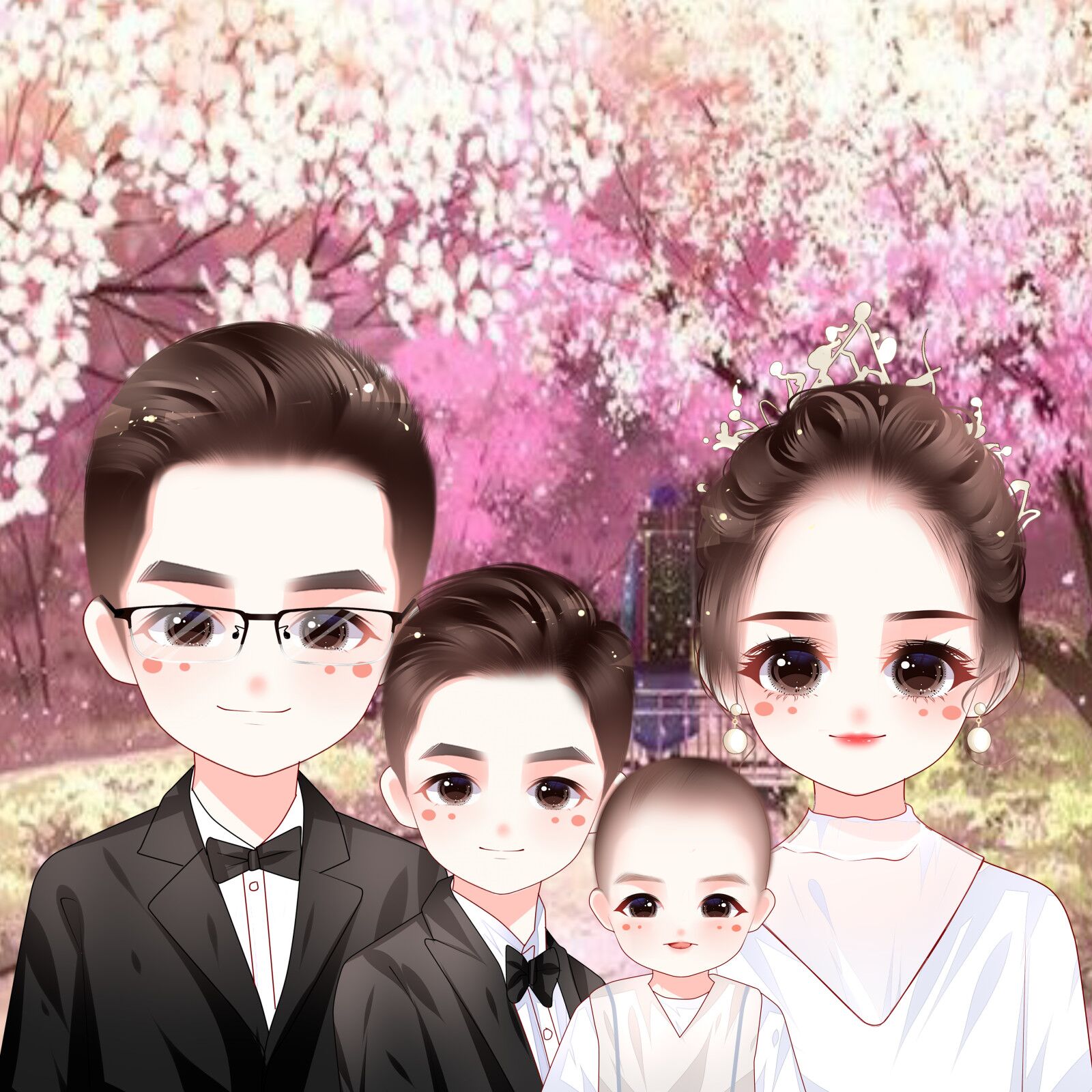 一张张全家福卡通头像 戴眼镜的爸爸妈妈 调皮萌娃姐弟俩